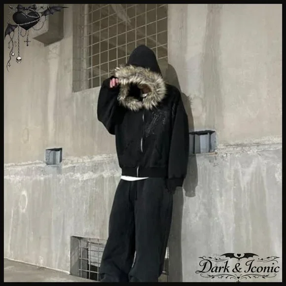 Oversized Zip Up Hoodie with Faux Fur Hood, Grunge Streetwear Jacket